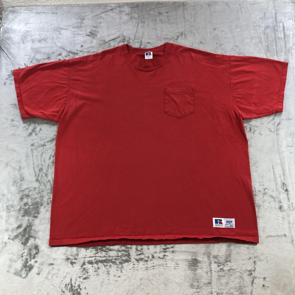 vtg Russell Athletic Shirt Mens 2XL Red Pocket Tee Cotton Made in USA Crewneck